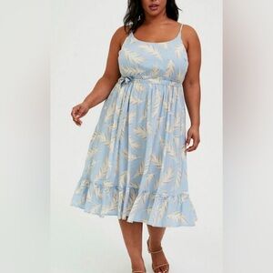 TORRID Light Blue Feather Print Spaghetti Strap Ruffled Hem Summer Dress Size 2X